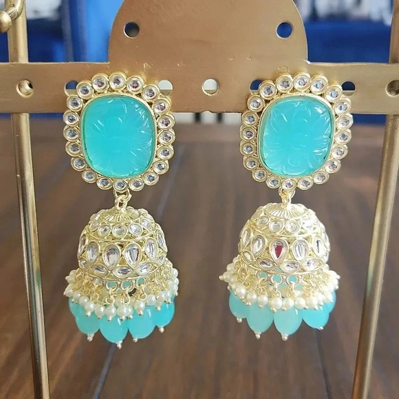 Bollywood Style Carved Blue and Gold Jhumkas - Picture 2 of 8